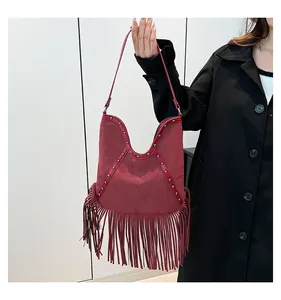 Vintage wine red bohemian style hobo tote bag with long fringe and metal studs