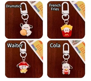 Cute cartoon resin dog keychain set featuring fast food themes for bag decoration