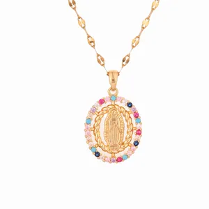 Detailed view of fashion gold Virgin Mary necklace with colorful zircon stones border