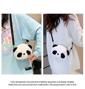 Cute panda-shaped plush crossbody bag for girls shown on a model in detail view