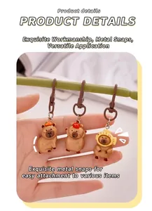 Detail view showing three cute resin capybara keychains with different hat designs.
