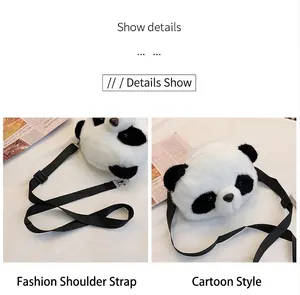 Detail view of cute plush panda crossbody bag with adjustable black shoulder strap