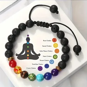 Men's adjustable natural lava stone chakra bracelet featuring seven healing energy beads.