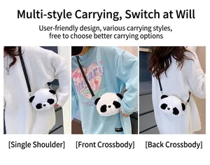 Three ways to wear a cute panda plush crossbody bag: shoulder, front and back crossbody.