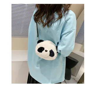 Cute plush panda head crossbody bag for girls with soft white and black fur detail