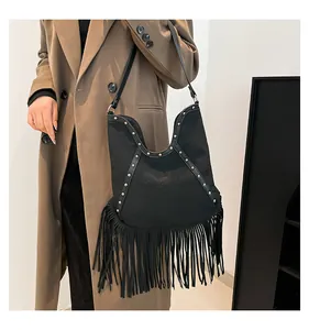 Stylish black bohemian fringe shoulder tote bag with sun embossing and silver studs