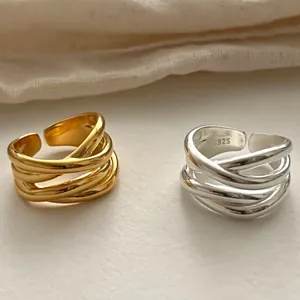 Minimalist Irregular Geometric Cross Open Ring For Women Electroplated Copper Multi Layer Adjustable Finger Ring Jewelry