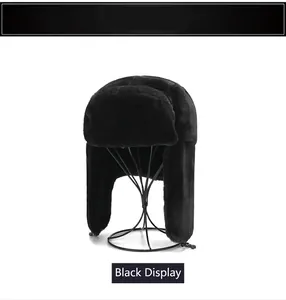Chapeau d'hiver Ouchanka en peluche noire épaisse de qualité avec protège-oreille