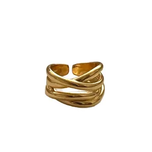 Minimalist gold irregular crisscross multi-layer open ring with high-gloss finish