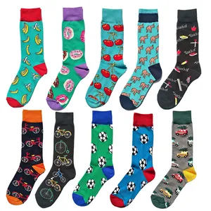 Close-up of ten pairs of colorful patterned cotton crew socks with various fun designs
