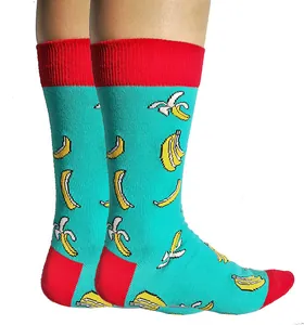 Detailed view of novelty banana pattern crew socks with red accents