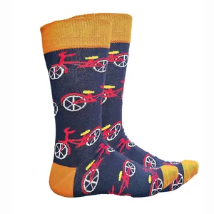Detail view of navy cotton crew socks with vibrant red bicycle patterns and orange accents.