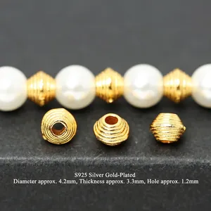Detailed macro view of S925 sterling silver gold-plated saucer spacer bead with threaded texture