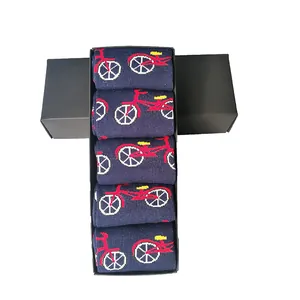 Set of five navy blue cotton socks featuring red bicycle patterns in a black gift box.
