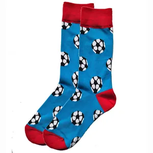 Vibrant blue and red mid-calf crew socks featuring a classic soccer ball pattern print.