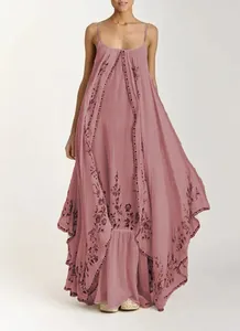 Robe maxi bohème élégante à fleurs et bretelles spaghetti, rose poudré, ample