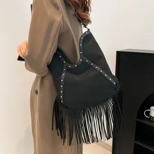 Bohemian black fringe hobo bag with silver studs and sun pattern for women fashion