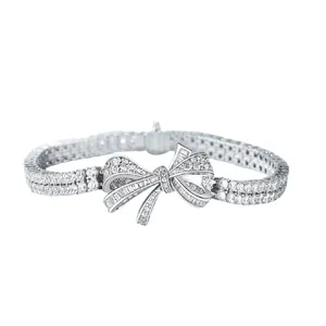 Elegant S925 silver ribbon bow bracelet encrusted with sparkling pavé cubic zirconia