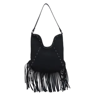 Vintage Bohemian style black fringe shoulder tote bag with silver studs and tassels.