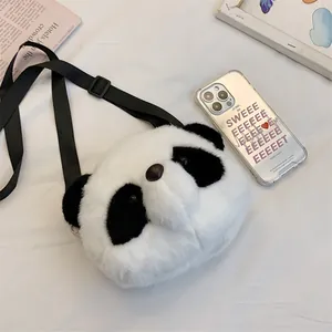Cute 3D plush panda head crossbody bag with adjustable shoulder strap for girls