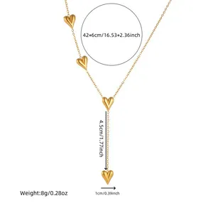Detailed measurements and specifications of gold heart pendant necklace in stainless steel.
