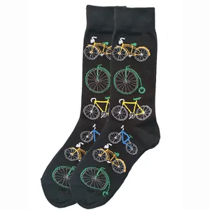 Detail of black cotton crew socks featuring colorful bicycle and penny-farthing patterns.