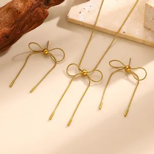 Elegant gold stainless steel bow-knot necklace and matching earrings jewelry set for her