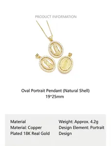 Specification detail of 18K gold plated oval Virgin Mary pendant with shell inlay