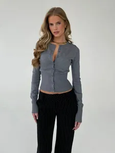 Cardigan in Maglia Donna Vestibilità Aderente Manica Lunga Monopetto a Costine Tinta Unita Misto Viscosa Maglieria Autunno