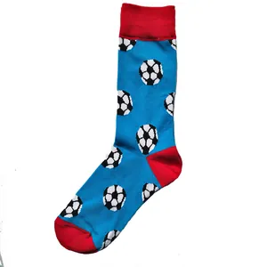 Stylish men's mid-calf cotton crew socks featuring a vibrant blue and red soccer ball pattern.