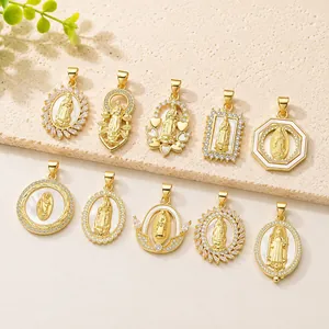 Vintage Gold Plated Copper Religious Virgin Mary Portrait Pendant Necklace With Rhinestone And Mother Of Pearl Shell Inlay Jewelry