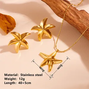 Gold starfish jewelry set with stainless steel pendant necklace and earrings
