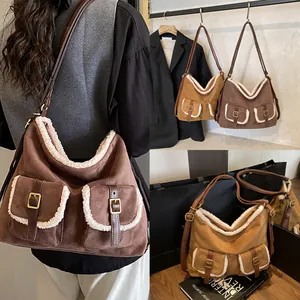 Winter Plush Faux Fur Trim Nylon Shoulder Bag For Women Large Capacity Retro Korean Ins Tote Backpack With Double Front Pockets