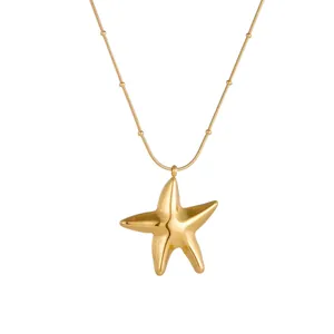 Detailed view of a gold-plated titanium steel hollow starfish pendant necklace.