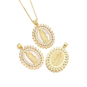 Gold plated Our Lady of Guadalupe pendant with mother of pearl and zirconia accents