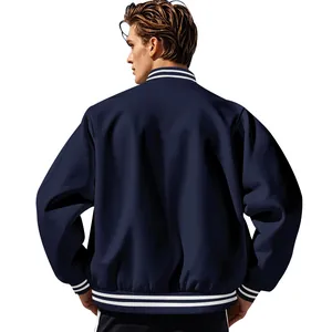 Giacca varsity blu navy da uomo con calda fodera in pile, vestibilità ampia, vista retro