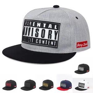 Adjustable flat brim hip hop baseball cap with Parental Advisory patch details