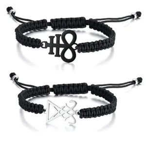 Stainless Steel Leviathan Cross Sigil Of Lucifer Braided Rope Bracelet Set Gothic Occult Symbol Adjustable Unisex Jewelry