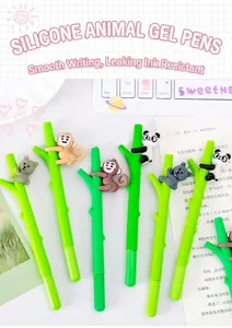 Cute cartoon panda and monkey gel pens with bamboo branch shaped green barrels for school
