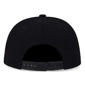 Back view of a black hip hop flat brim cap with adjustable snapback closure