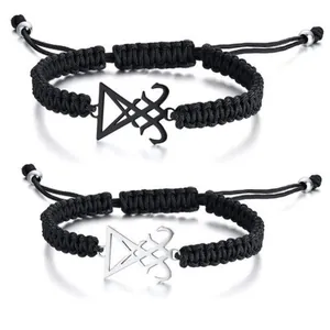 Satanic Sigil of Lucifer stainless steel charm braided cord adjustable bracelet set