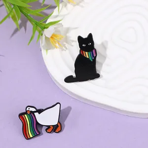 Creative cartoon enamel animal pins featuring a black cat and white goose rainbow design
