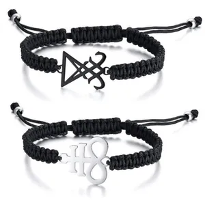 Adjustable black woven cord bracelets with Sigil of Lucifer and Leviathan charms