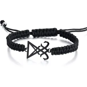 Black handmade woven rope bracelet featuring a stainless steel Sigil of Lucifer totem symbol