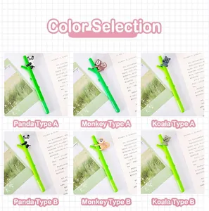 Six variants of cute bamboo-shaped gel pens featuring panda, monkey, and koala motifs.