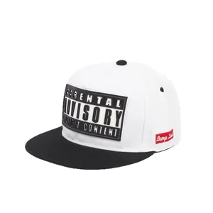 Stylish white and black snapback baseball cap with Parental Advisory explicit content patch