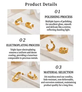 Detailed views of gold-plated stainless steel earrings showing quality craftsmanship