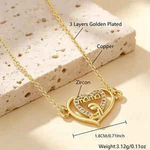 Détail du collier cœur mama plaqué or avec incrustation de zircon et dimensions
