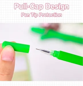 Detail view of the green gel pen showing the pull-cap design and fine point nib.