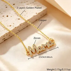 Détails du collier Mama plaqué or avec pierres en zircon et dimensions du produit incluses